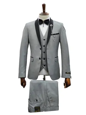 2 Button Silver Slim Fit Suit with Black Shawl Lapel FF2SSX V-1230