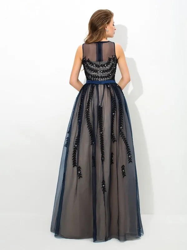 A-Line/Princess Sheer Neck Applique Sleeveless Long Tulle Dresses