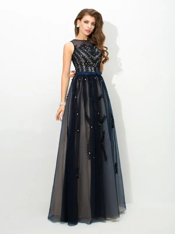 A-Line/Princess Sheer Neck Applique Sleeveless Long Tulle Dresses