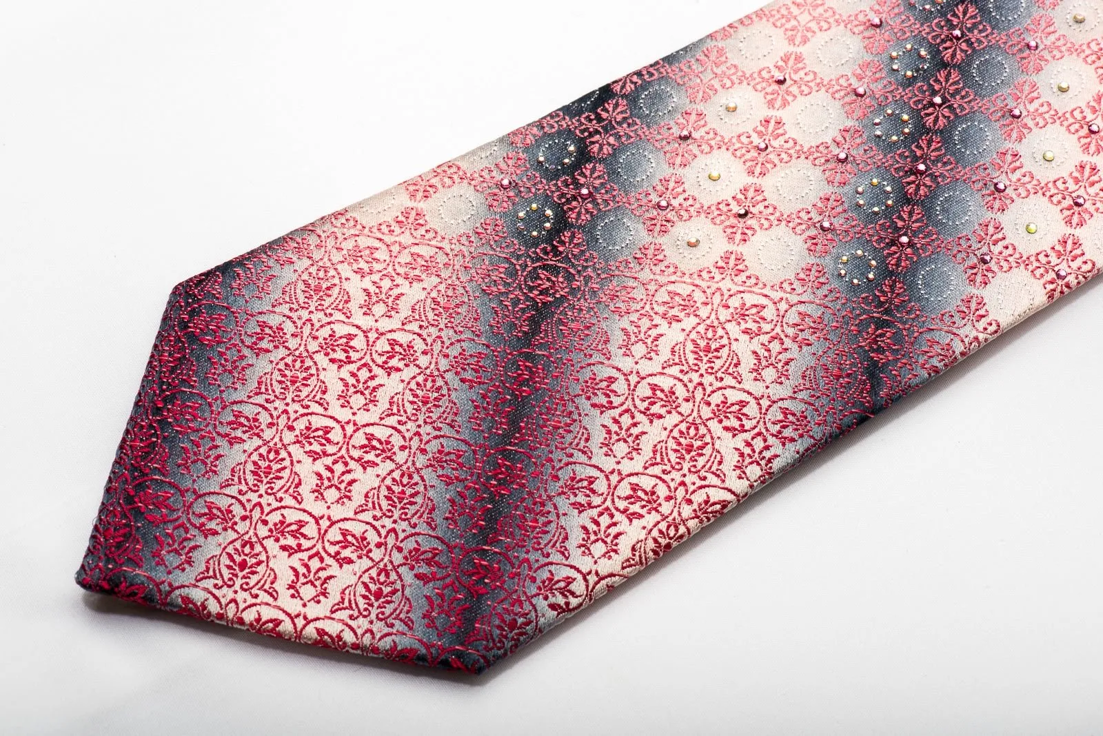 Aquascutum Men's Silk Necktie Pink Cartouche & Dots On Silver Sparkling With Rhinestones