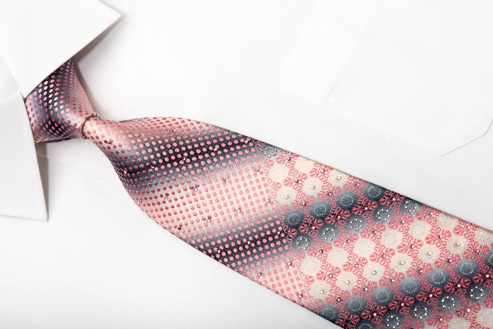 Aquascutum Men's Silk Necktie Pink Cartouche & Dots On Silver Sparkling With Rhinestones