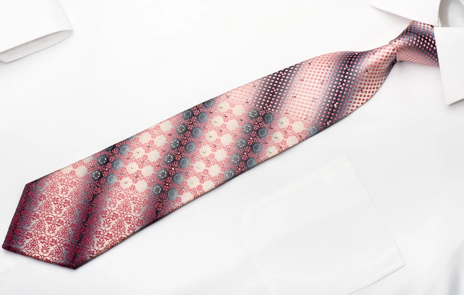 Aquascutum Men's Silk Necktie Pink Cartouche & Dots On Silver Sparkling With Rhinestones