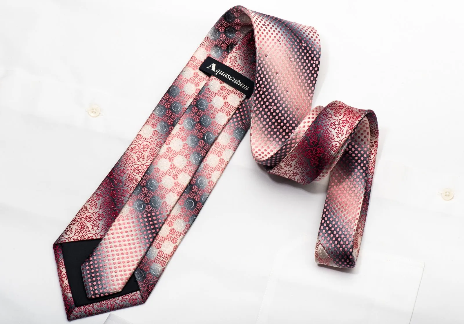 Aquascutum Men's Silk Necktie Pink Cartouche & Dots On Silver Sparkling With Rhinestones