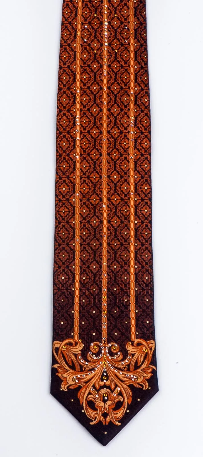 Aquascutum Rhinestone Silk Necktie Orange Damask On Black Classic 3 1/2 Inch