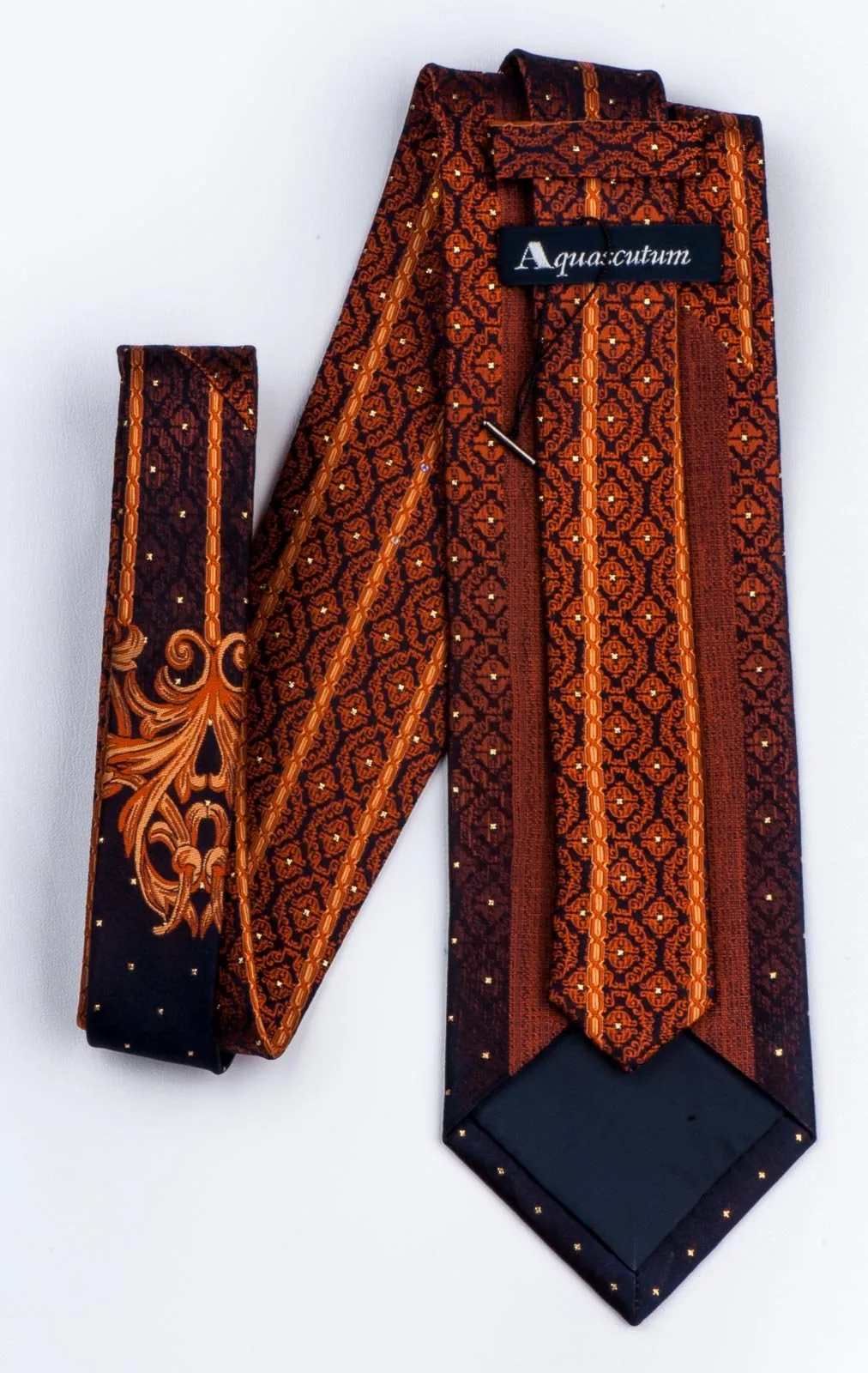 Aquascutum Rhinestone Silk Necktie Orange Damask On Black Classic 3 1/2 Inch