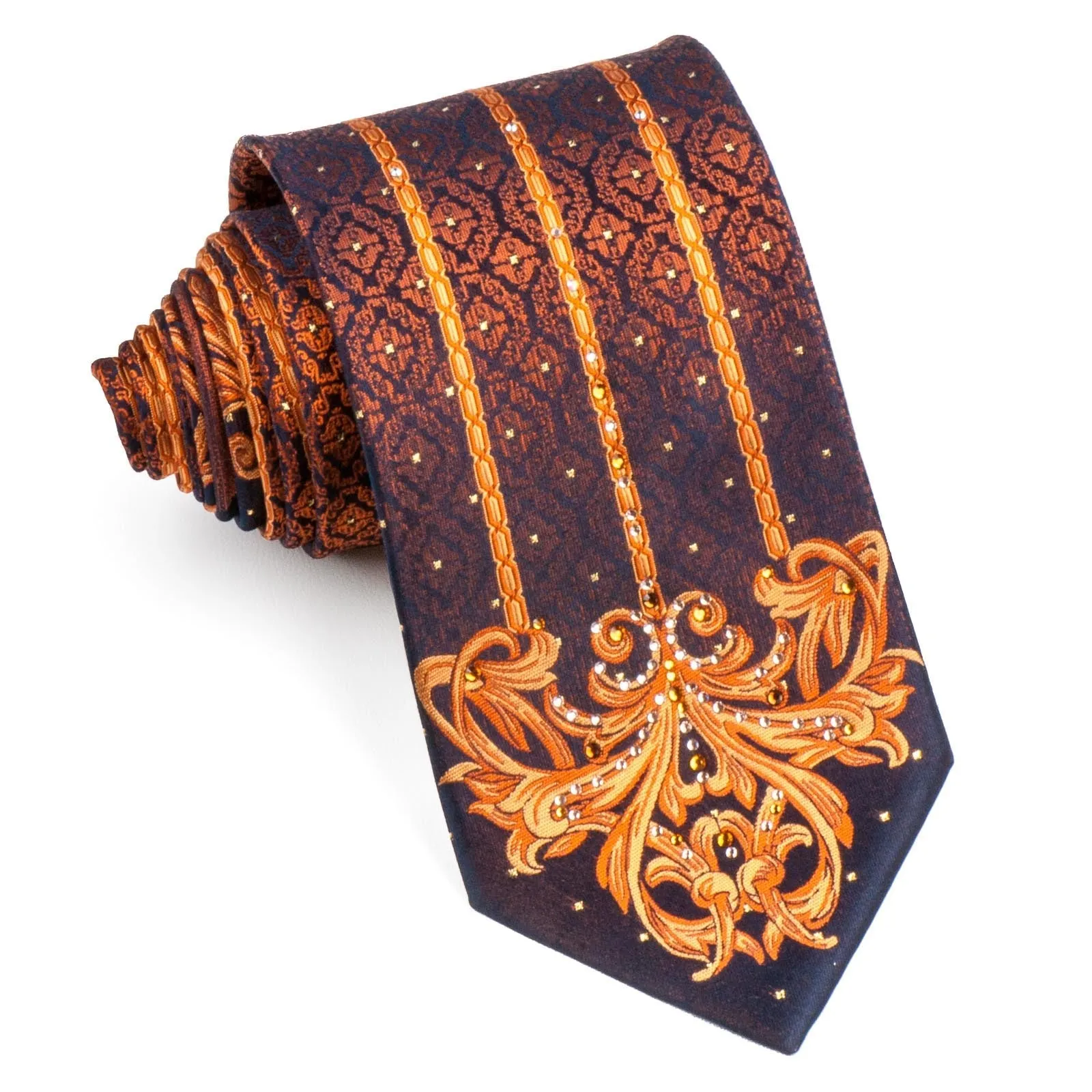 Aquascutum Rhinestone Silk Necktie Orange Damask On Black Classic 3 1/2 Inch