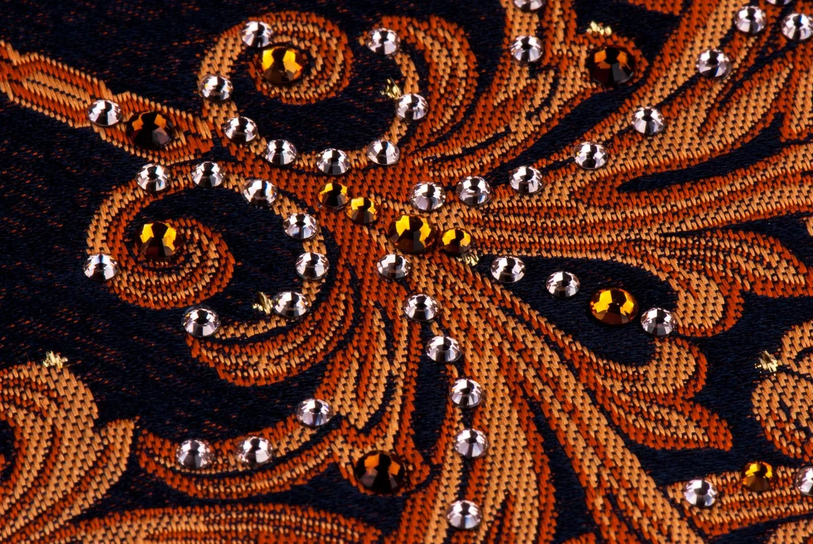 Aquascutum Rhinestone Silk Necktie Orange Damask On Black Classic 3 1/2 Inch