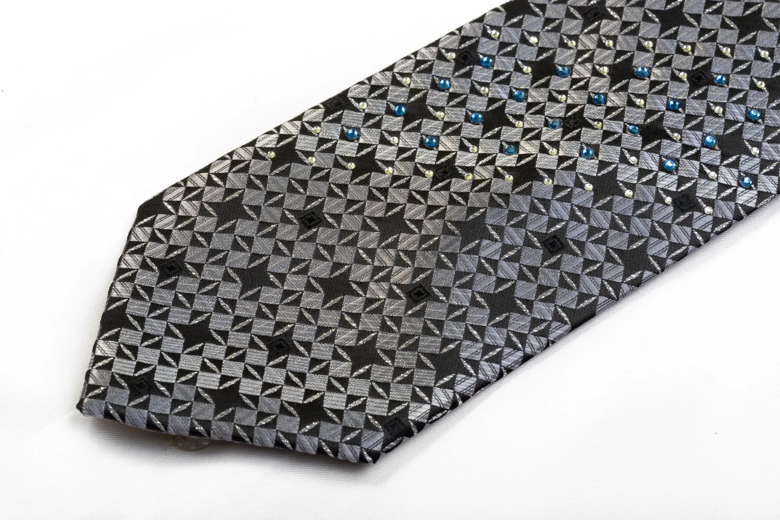 Armarichi Men's Rhinestone Silk Necktie Silver Geometric On Black With Silver Sparkles