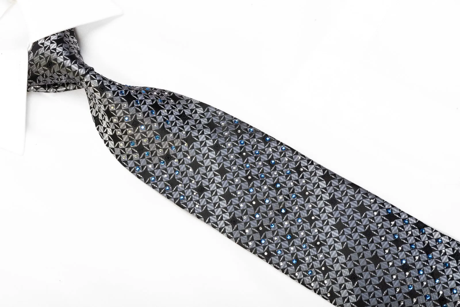 Armarichi Men's Rhinestone Silk Necktie Silver Geometric On Black With Silver Sparkles