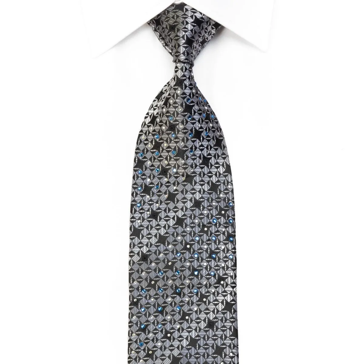 Armarichi Men's Rhinestone Silk Necktie Silver Geometric On Black With Silver Sparkles