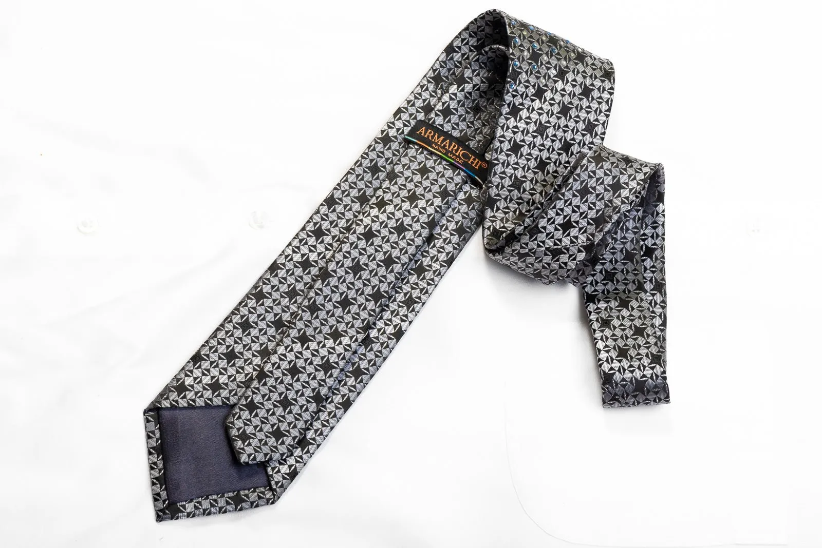 Armarichi Men's Rhinestone Silk Necktie Silver Geometric On Black With Silver Sparkles