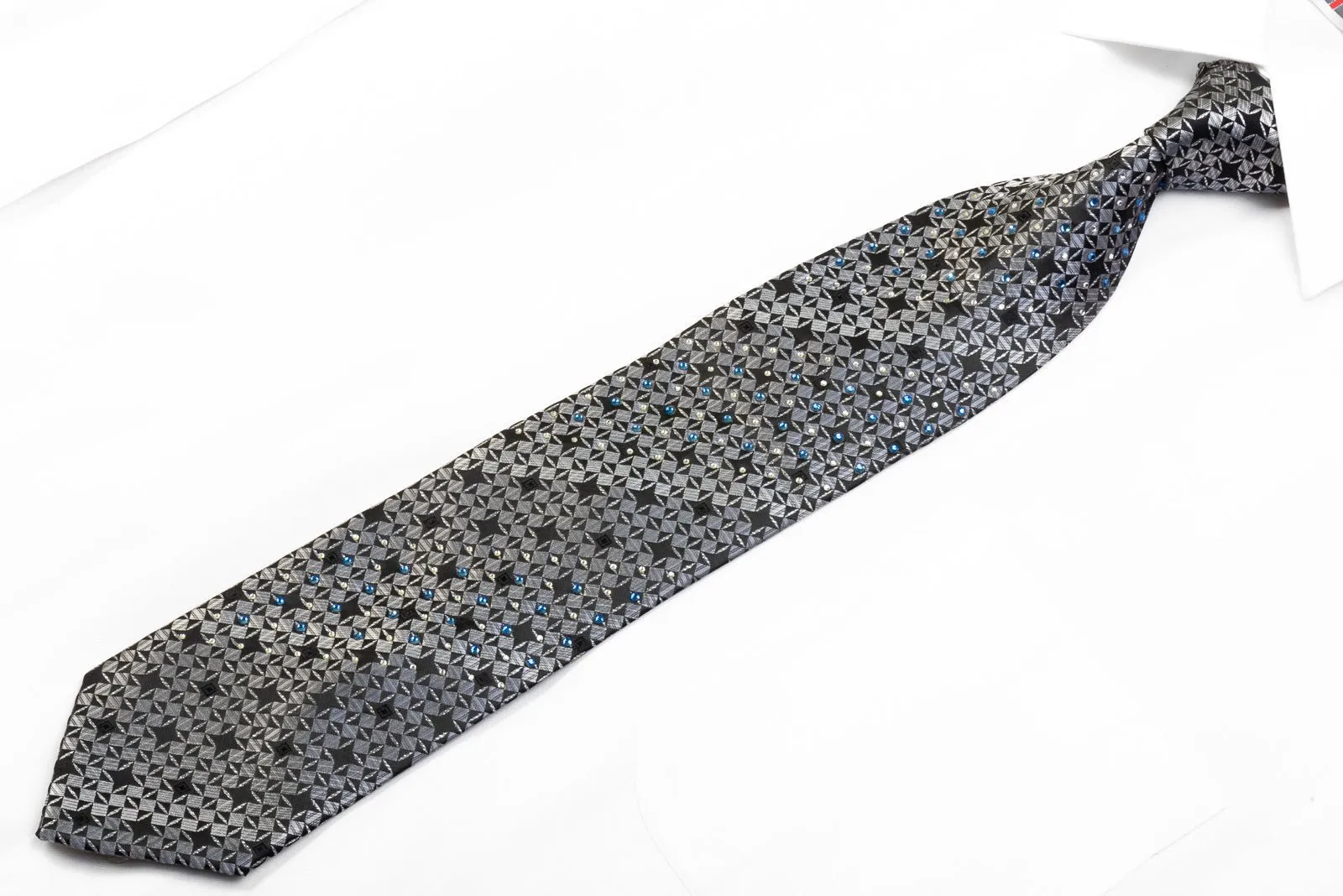 Armarichi Men's Rhinestone Silk Necktie Silver Geometric On Black With Silver Sparkles