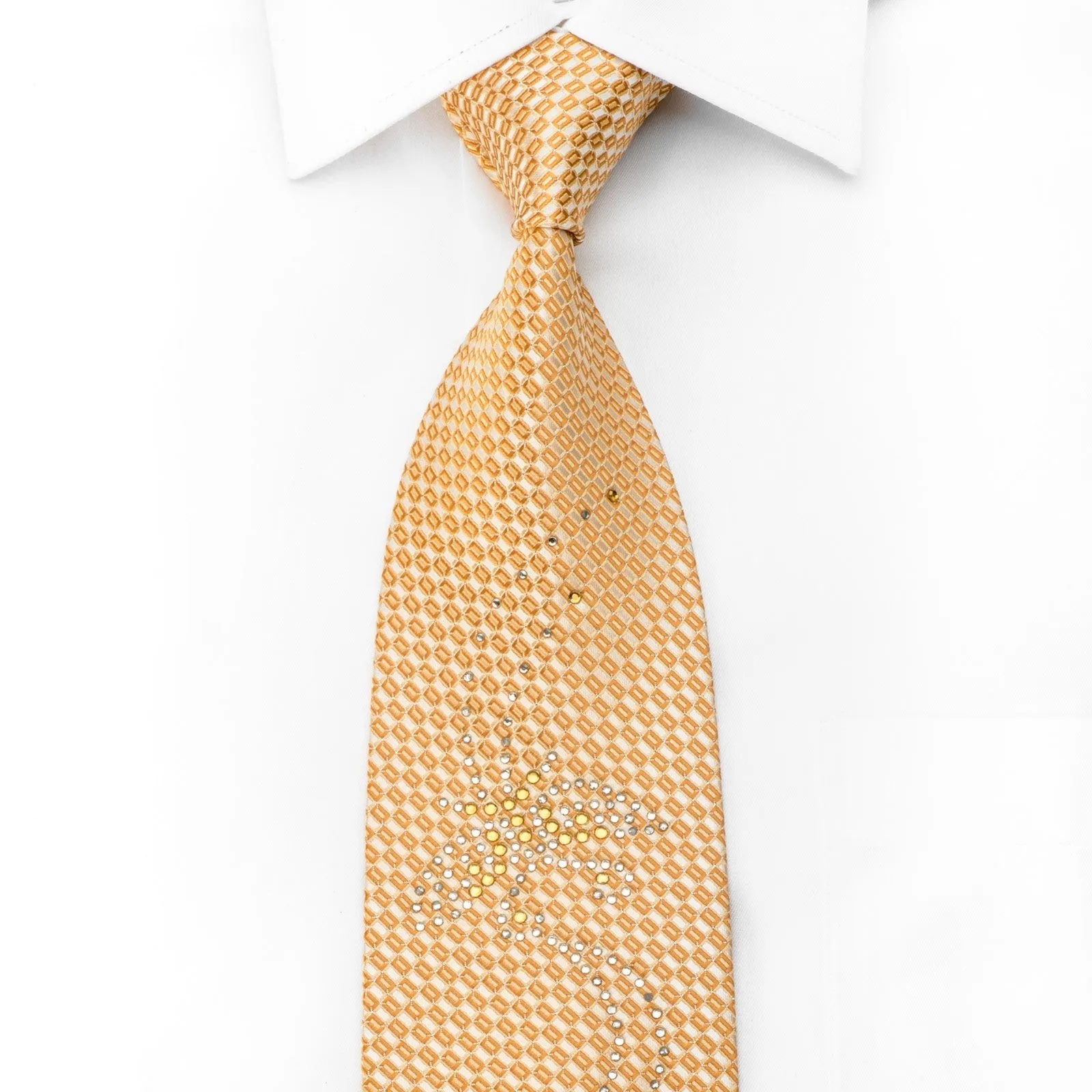 Avolio Men's Silk Necktie Crystal Rhinestone Butterflies On Peach Orange Checker With Sparkles