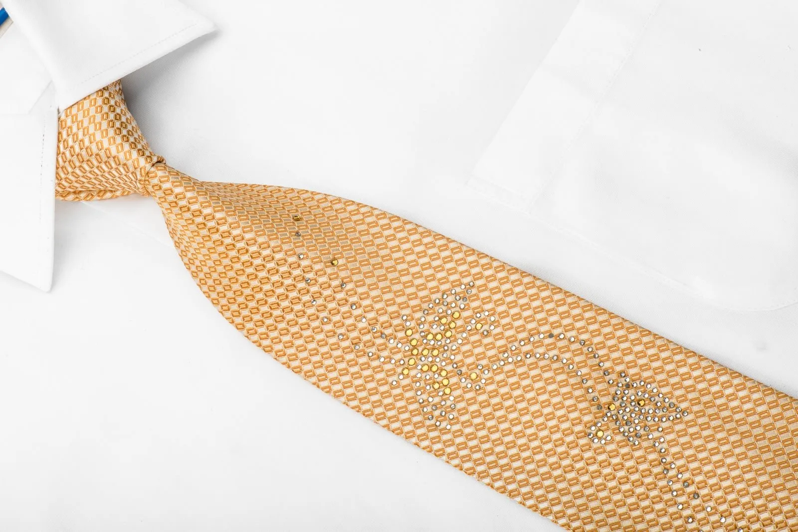 Avolio Men's Silk Necktie Crystal Rhinestone Butterflies On Peach Orange Checker With Sparkles