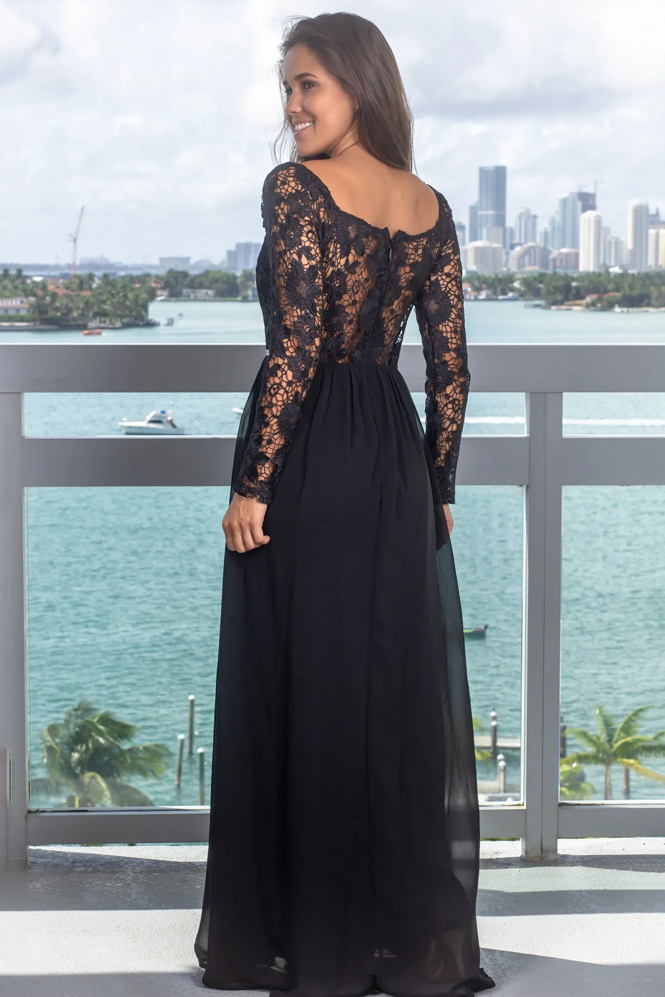 Black Embroidered Top Maxi Dress with Jewel Detail and Sleeves