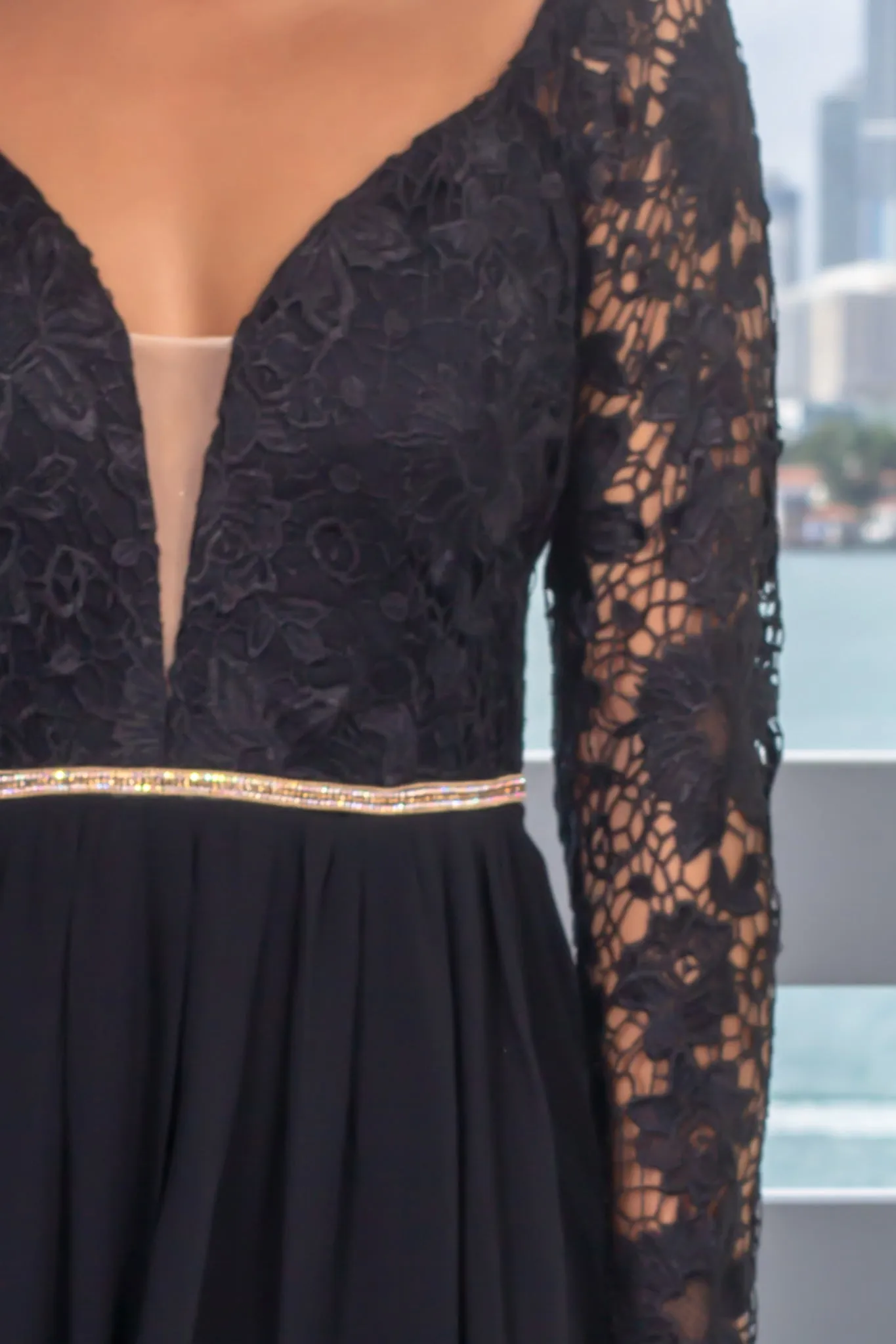 Black Embroidered Top Maxi Dress with Jewel Detail and Sleeves