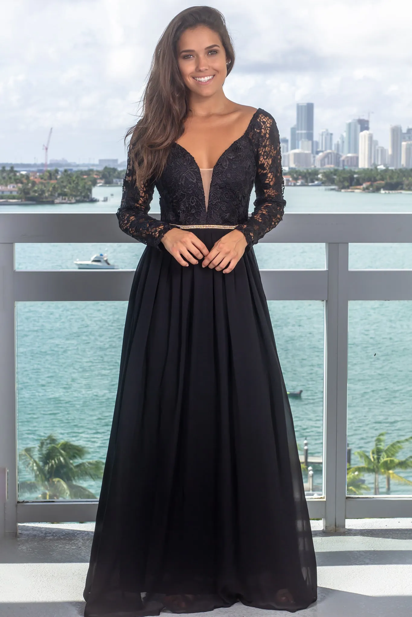 Black Embroidered Top Maxi Dress with Jewel Detail and Sleeves