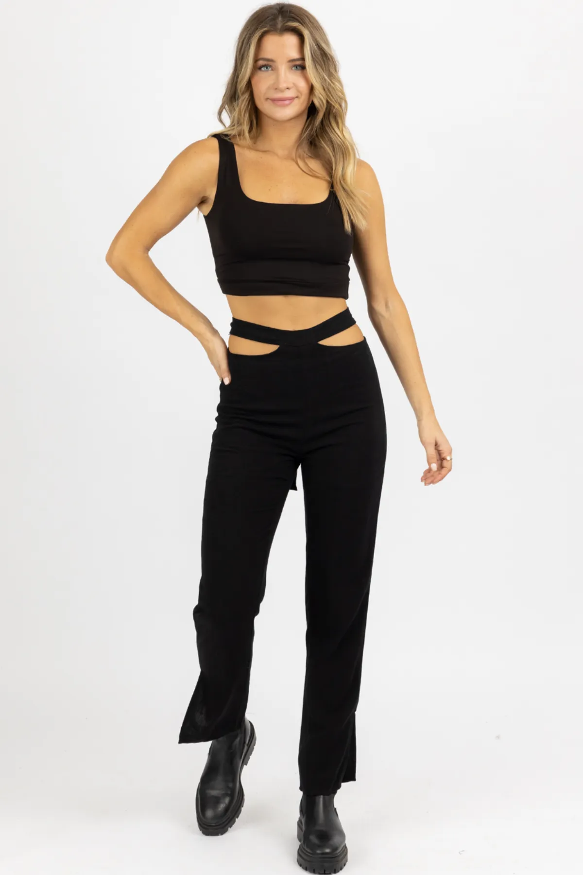 BLACK WAIST CUTOUT TIE-BACK PANT