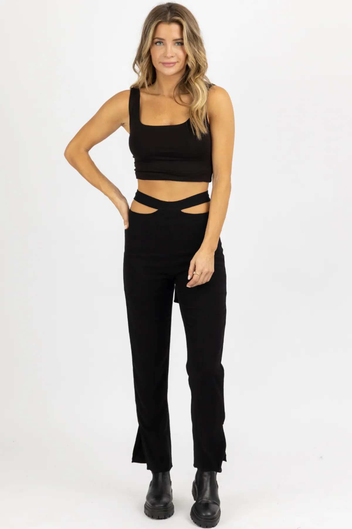 BLACK WAIST CUTOUT TIE-BACK PANT