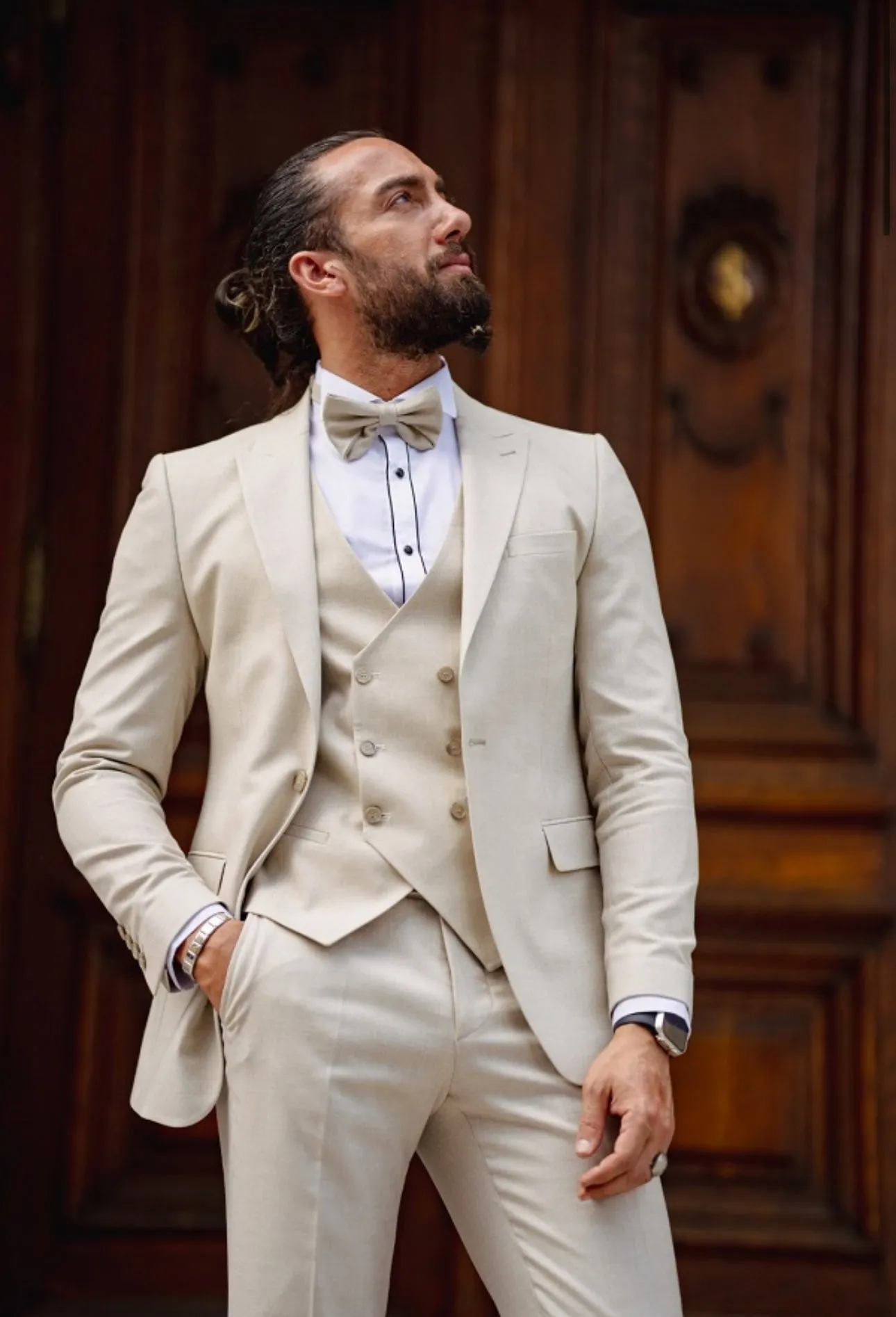 Bojoni Matera Beige Slim Fit Peak Lapel Tuxedo