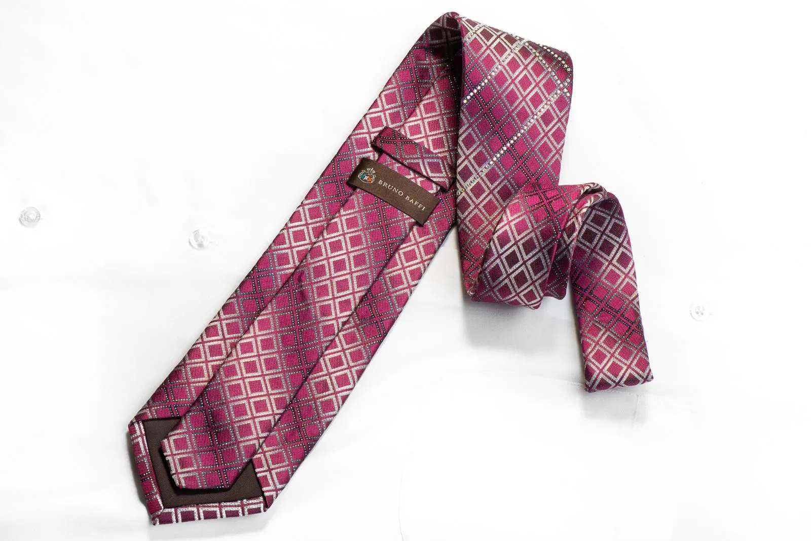 Bruno Baffi Rhinestone Silk Necktie Silver Geometric On Purple With Sparkles