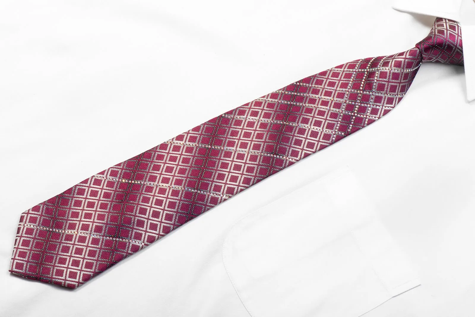 Bruno Baffi Rhinestone Silk Necktie Silver Geometric On Purple With Sparkles