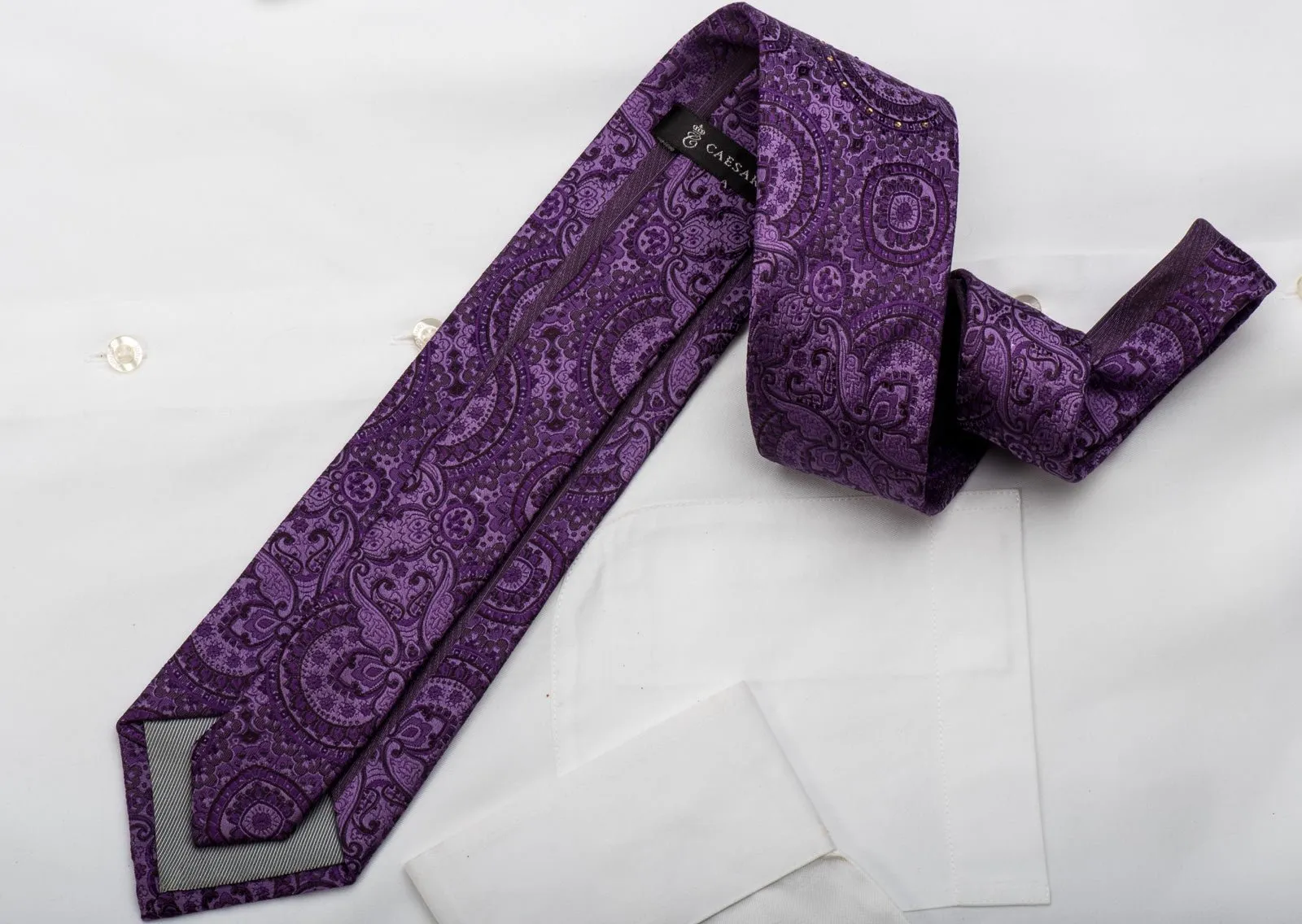 Caesars Silk Necktie Anthemion On Purple Sparkling With Rhinestones