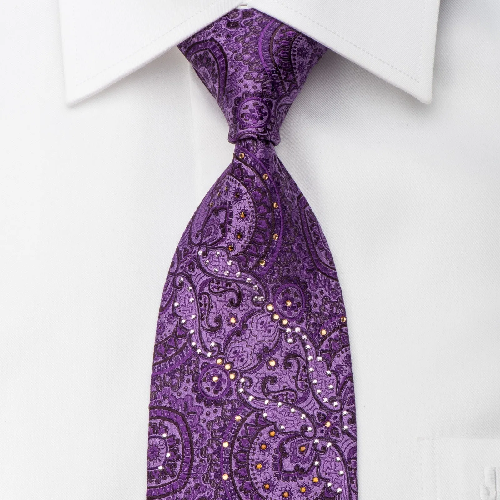 Caesars Silk Necktie Anthemion On Purple Sparkling With Rhinestones