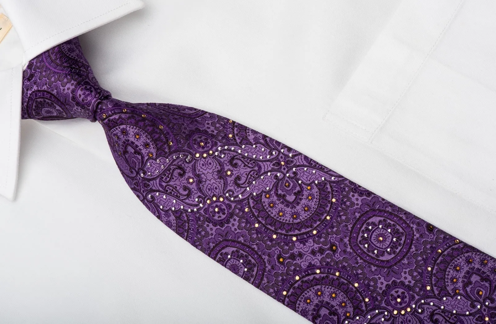 Caesars Silk Necktie Anthemion On Purple Sparkling With Rhinestones