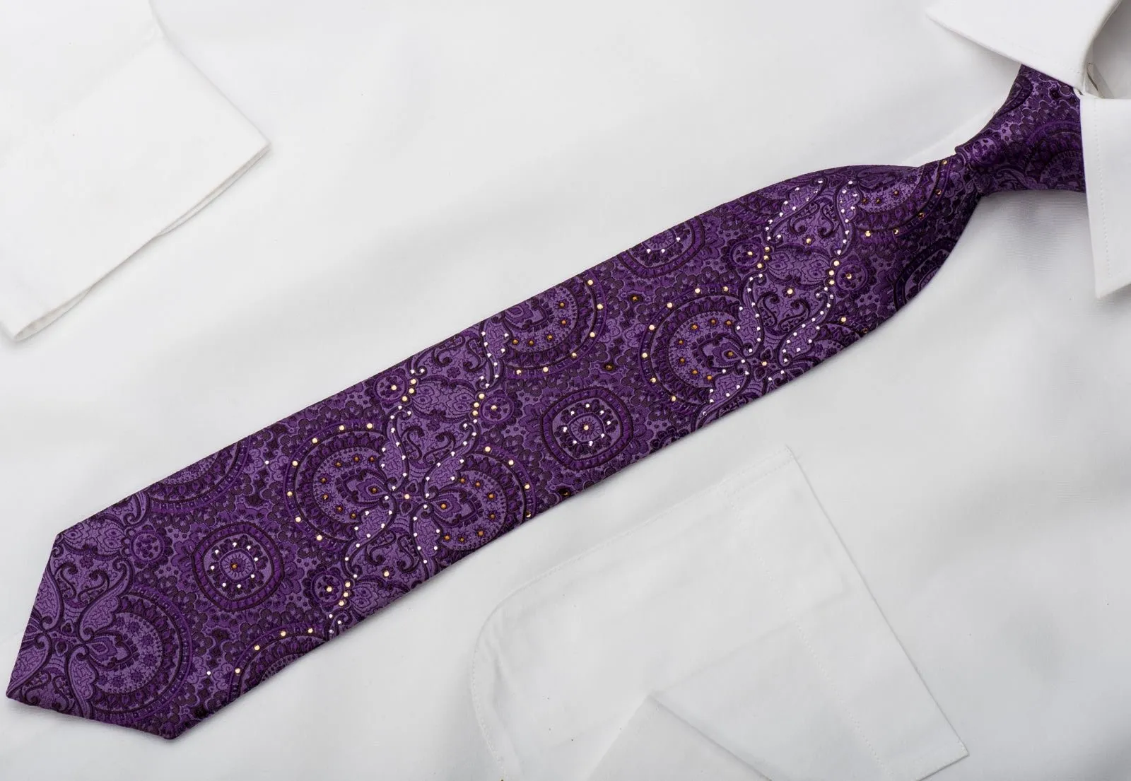 Caesars Silk Necktie Anthemion On Purple Sparkling With Rhinestones