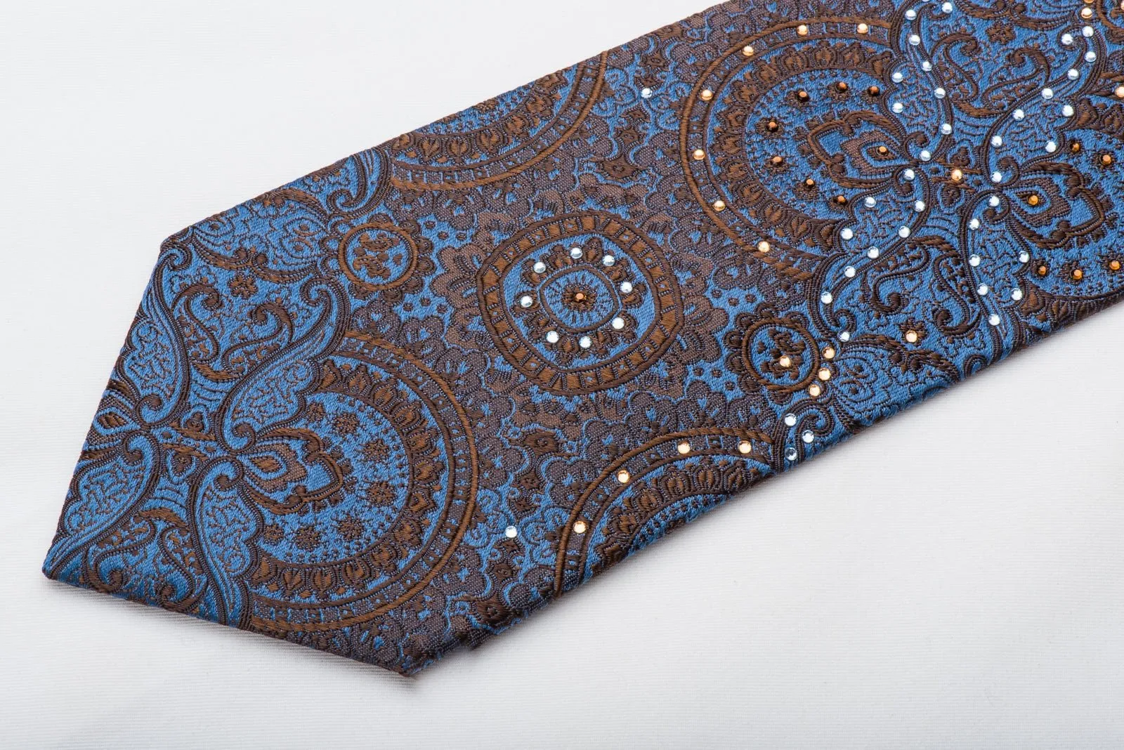 Caesars Silk Necktie Brown Anthemion On Blue Sparkling With Rhinestones