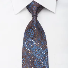 Caesars Silk Necktie Brown Anthemion On Blue Sparkling With Rhinestones