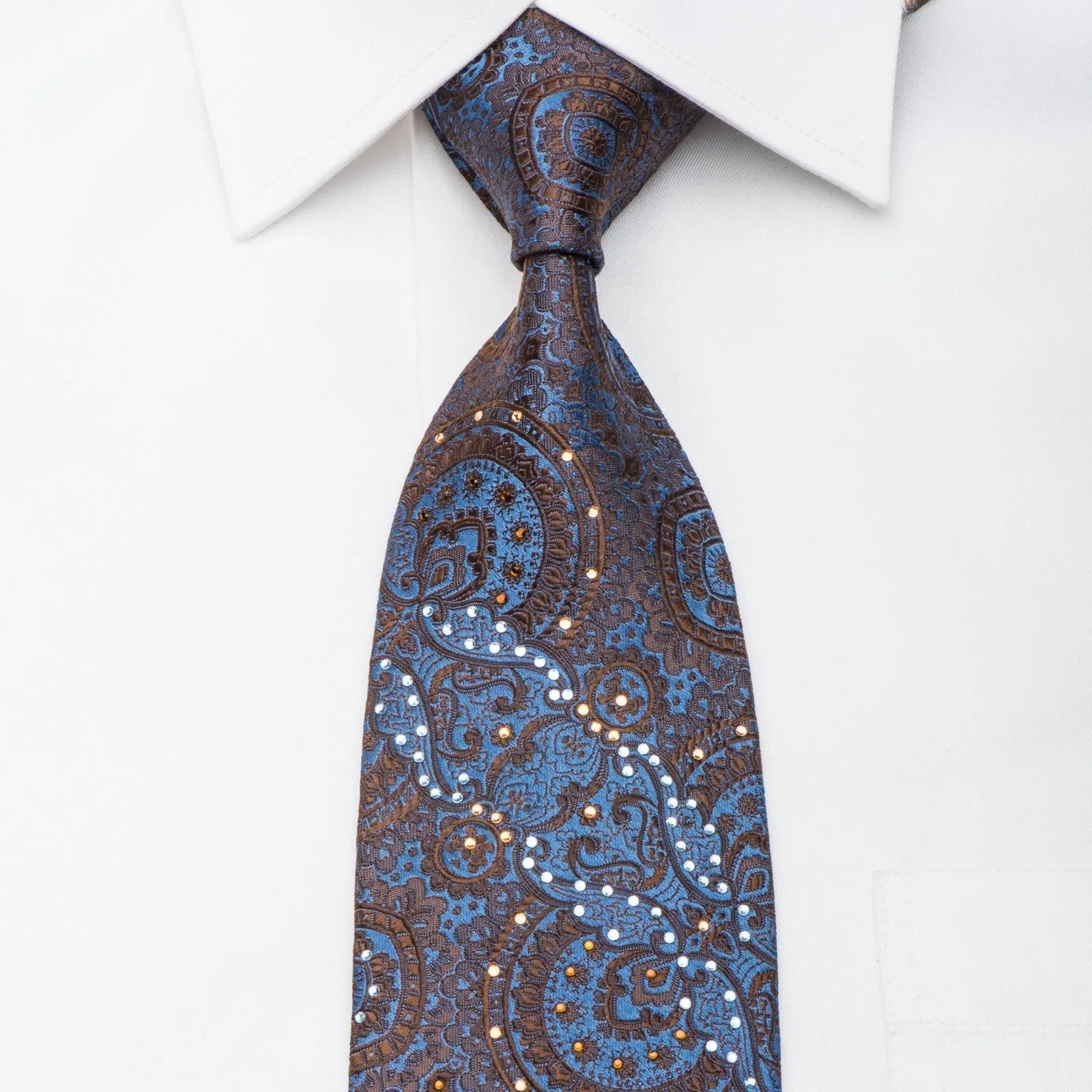 Caesars Silk Necktie Brown Anthemion On Blue Sparkling With Rhinestones