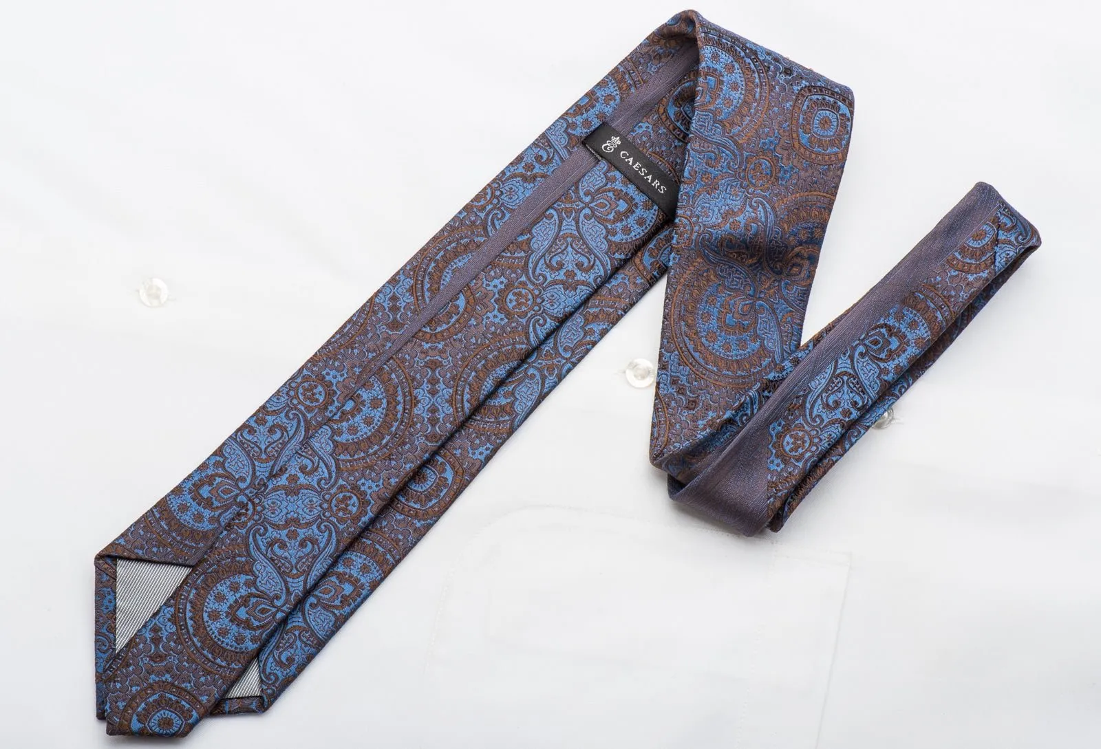 Caesars Silk Necktie Brown Anthemion On Blue Sparkling With Rhinestones