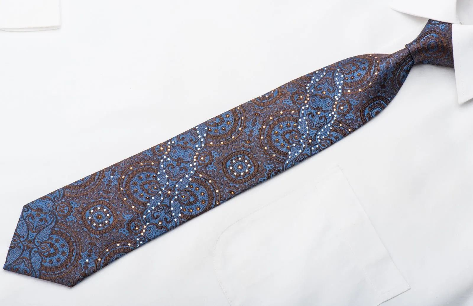 Caesars Silk Necktie Brown Anthemion On Blue Sparkling With Rhinestones