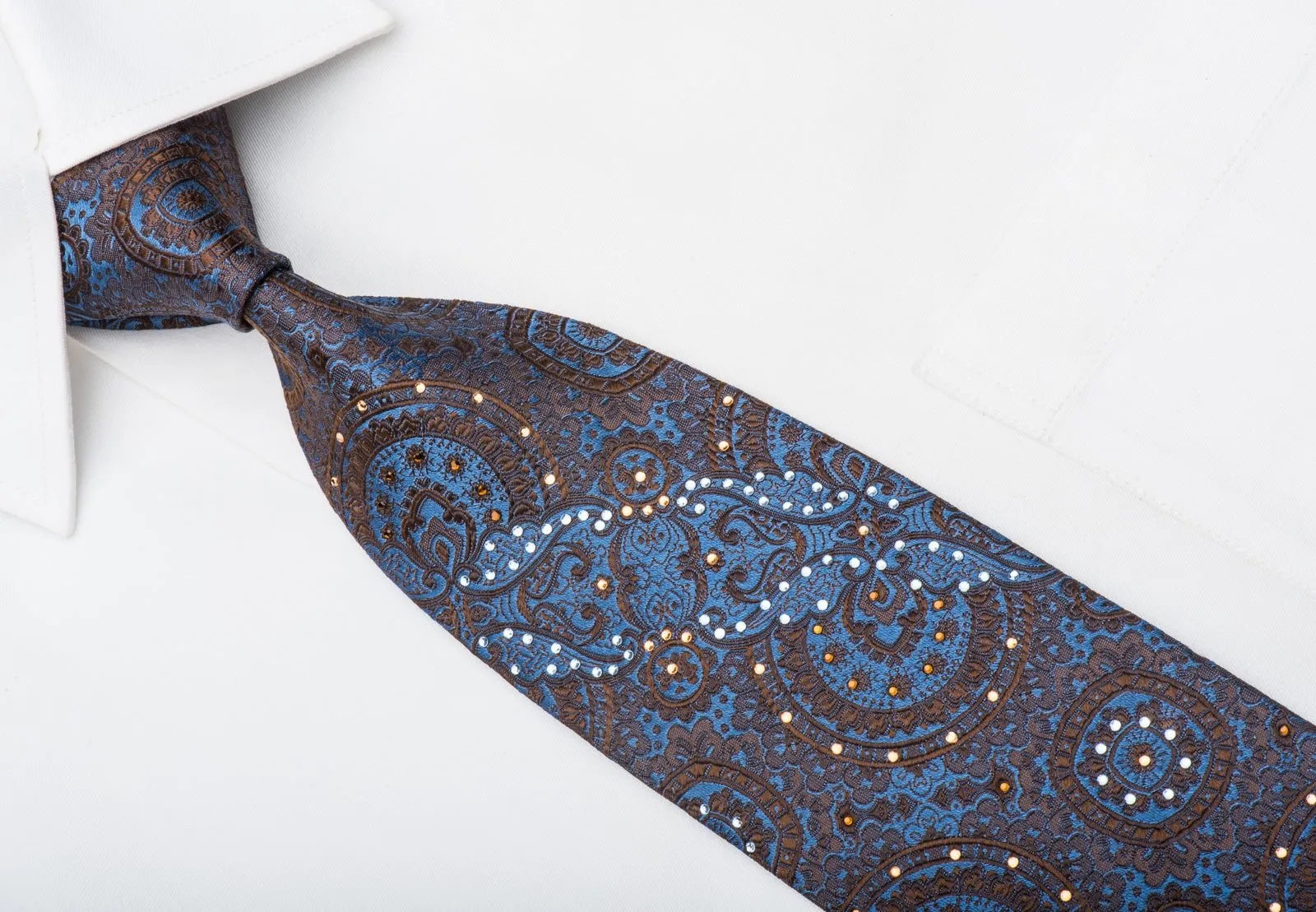 Caesars Silk Necktie Brown Anthemion On Blue Sparkling With Rhinestones