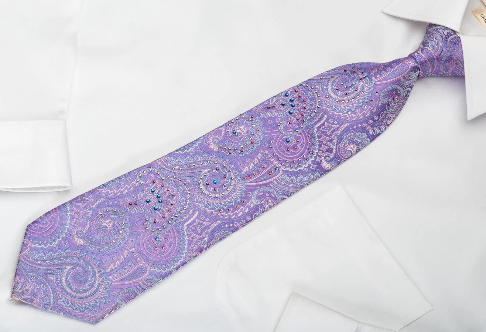 Charles de Alma Silk Necktie Paisley On Mauve With Colorful Rhinestones