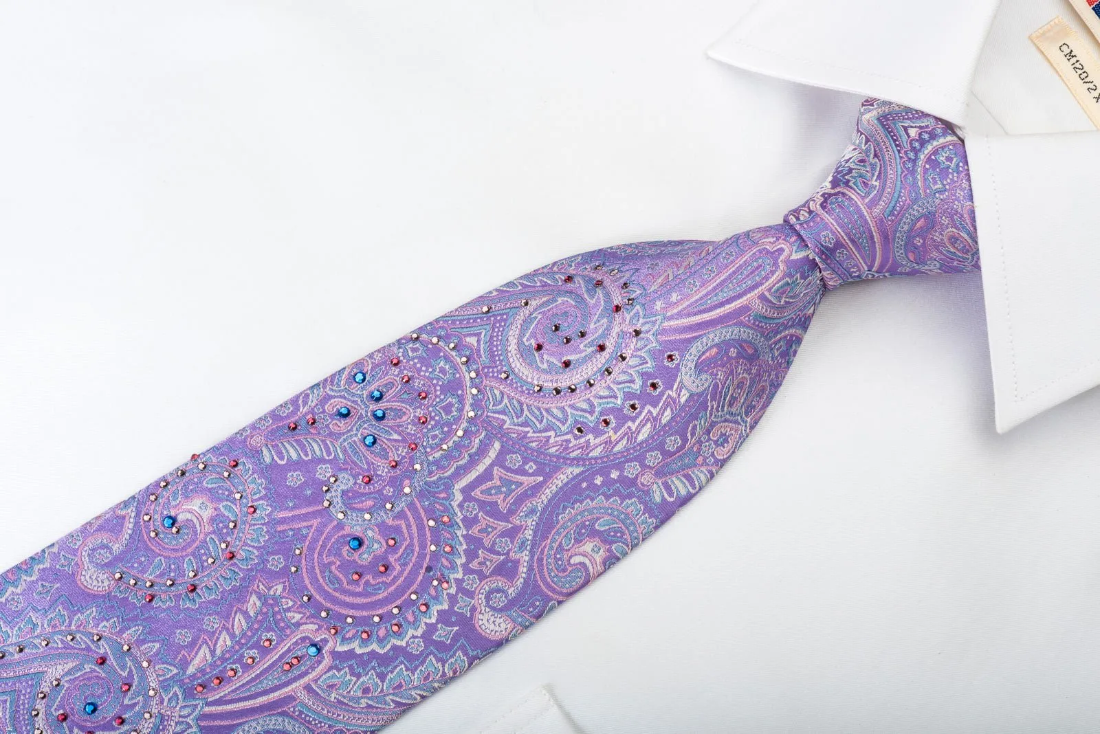 Charles de Alma Silk Necktie Paisley On Mauve With Colorful Rhinestones