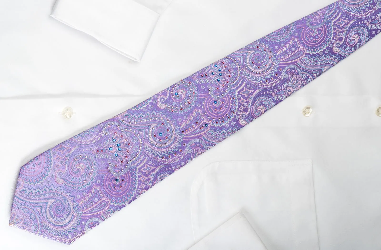 Charles de Alma Silk Necktie Paisley On Mauve With Colorful Rhinestones