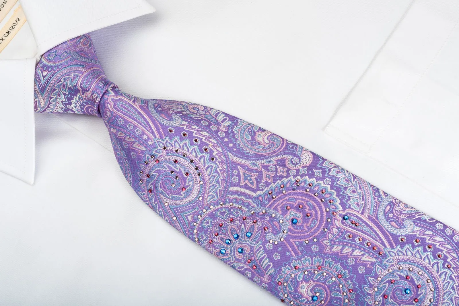 Charles de Alma Silk Necktie Paisley On Mauve With Colorful Rhinestones