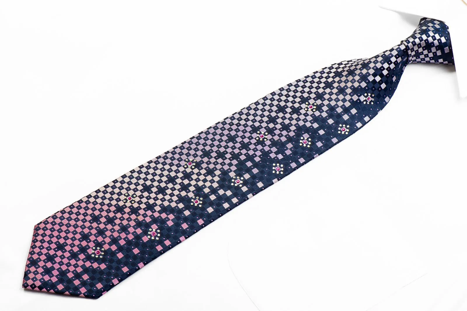 Christian Aujard Rhinestone Silk Necktie Purple Geometric On Navy With Sparkles