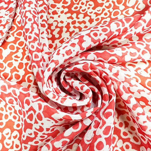 Coral and White Circle Print Poly Chiffon Fabric