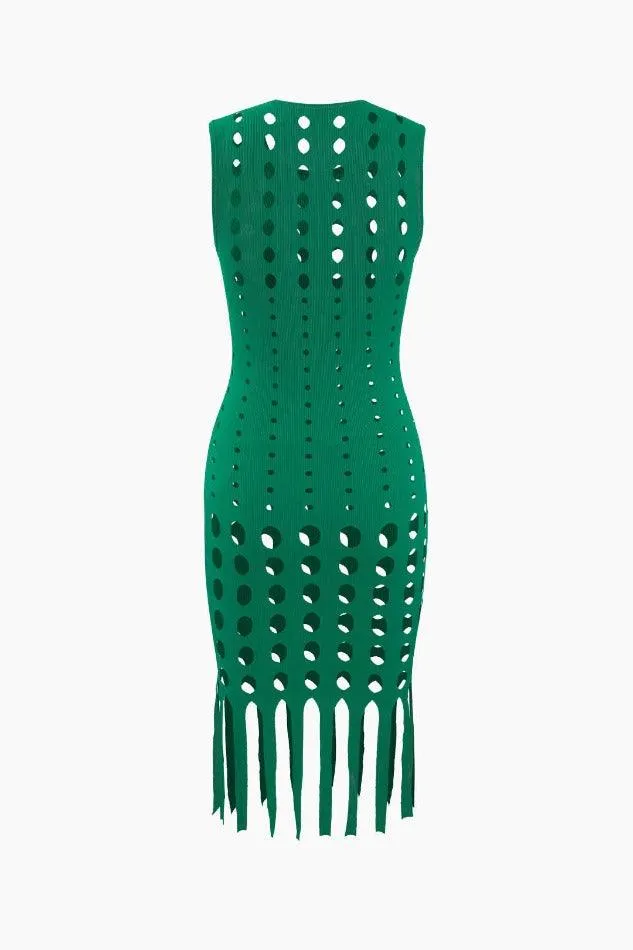 Cut Out Fringe Hem Sleeveless Mini Dress