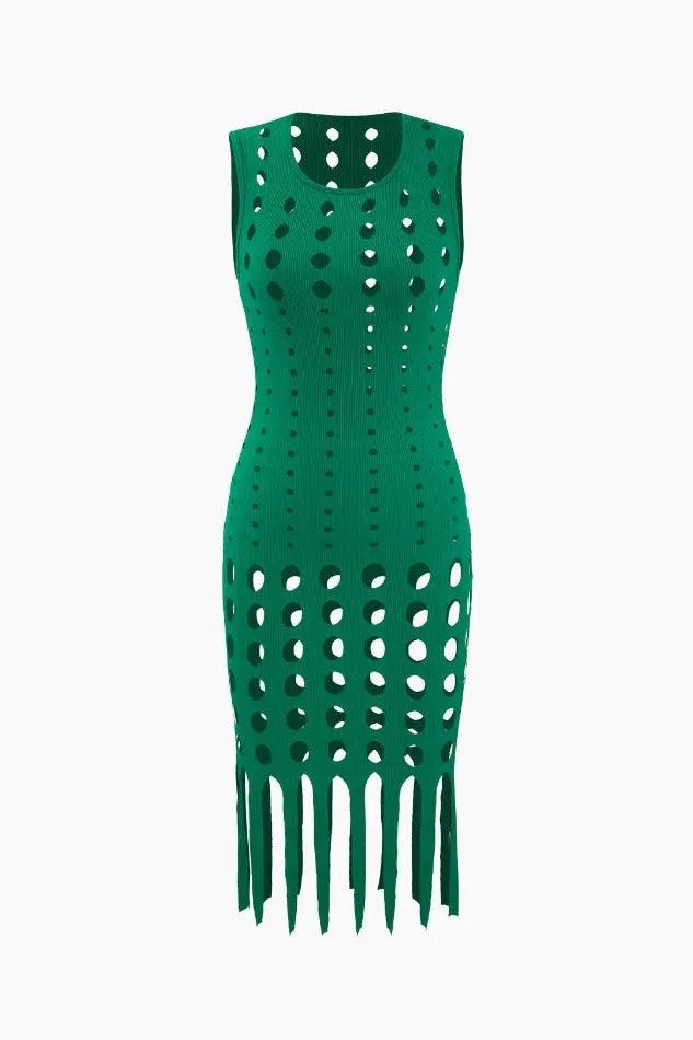 Cut Out Fringe Hem Sleeveless Mini Dress