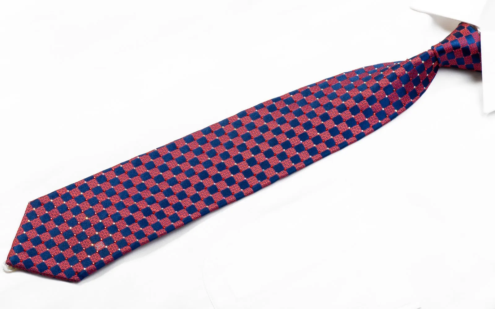 Daks Burgundy & Blue Checkered Rhinestone Silk Necktie