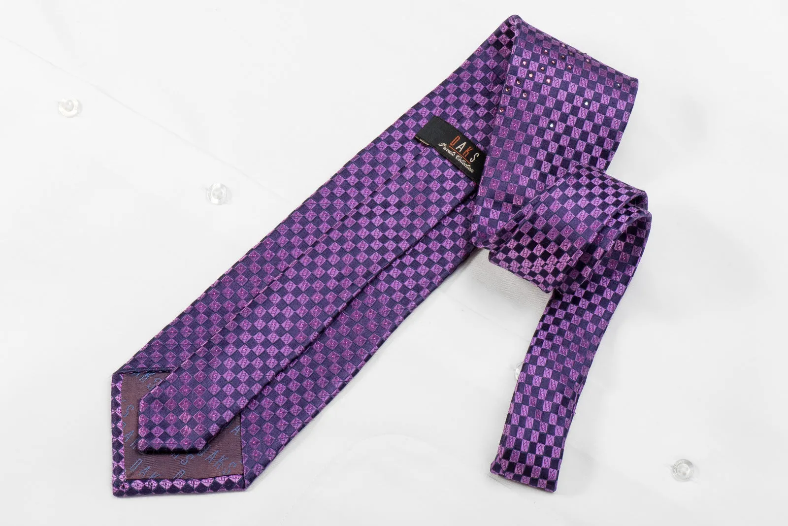 Daks Men's Crystal Silk Necktie Purple Checkered With Purple Sparkles