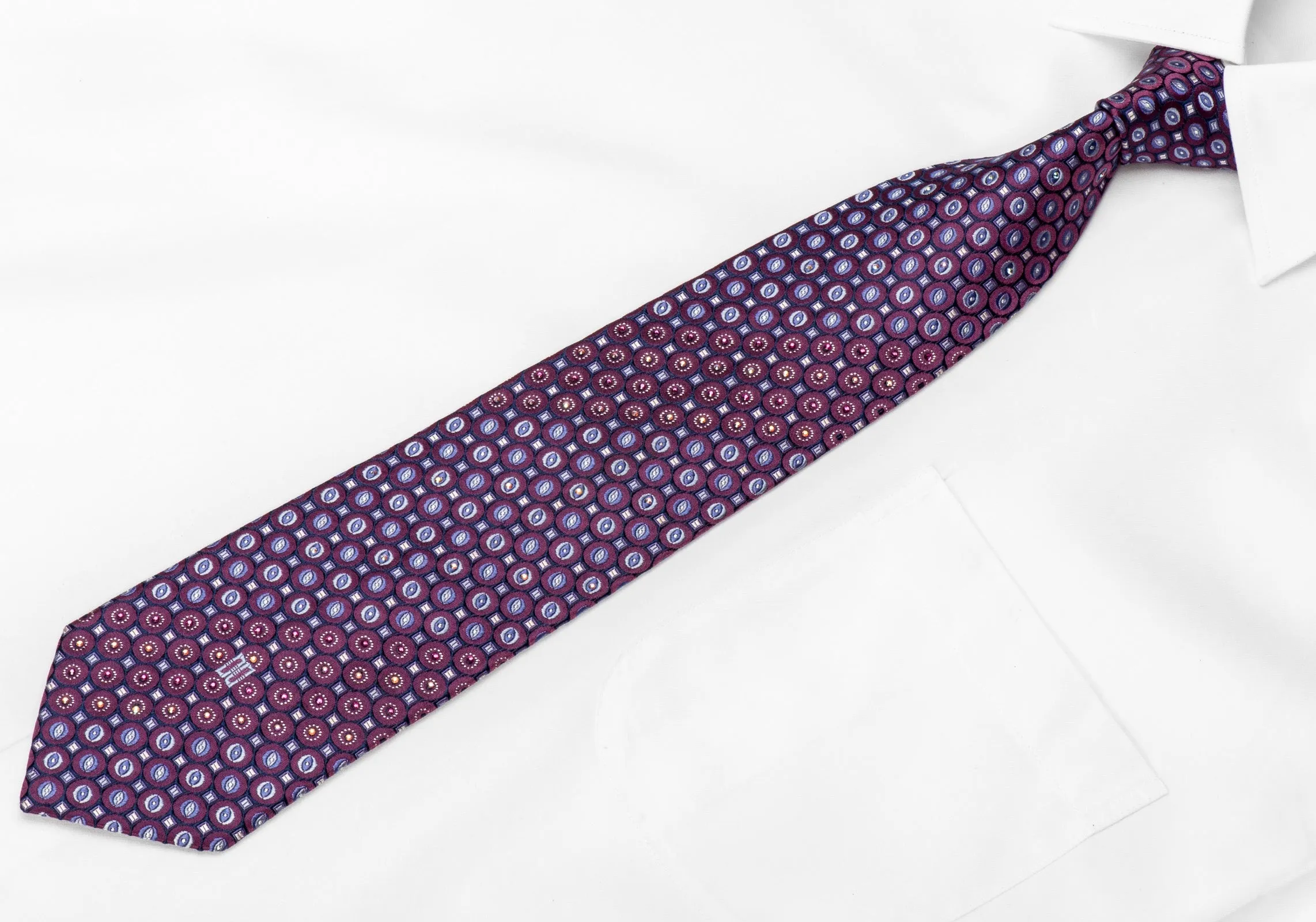 Daks Men's Crystal Silk Tie Geometric Circles On Purple With Silver Sparkles