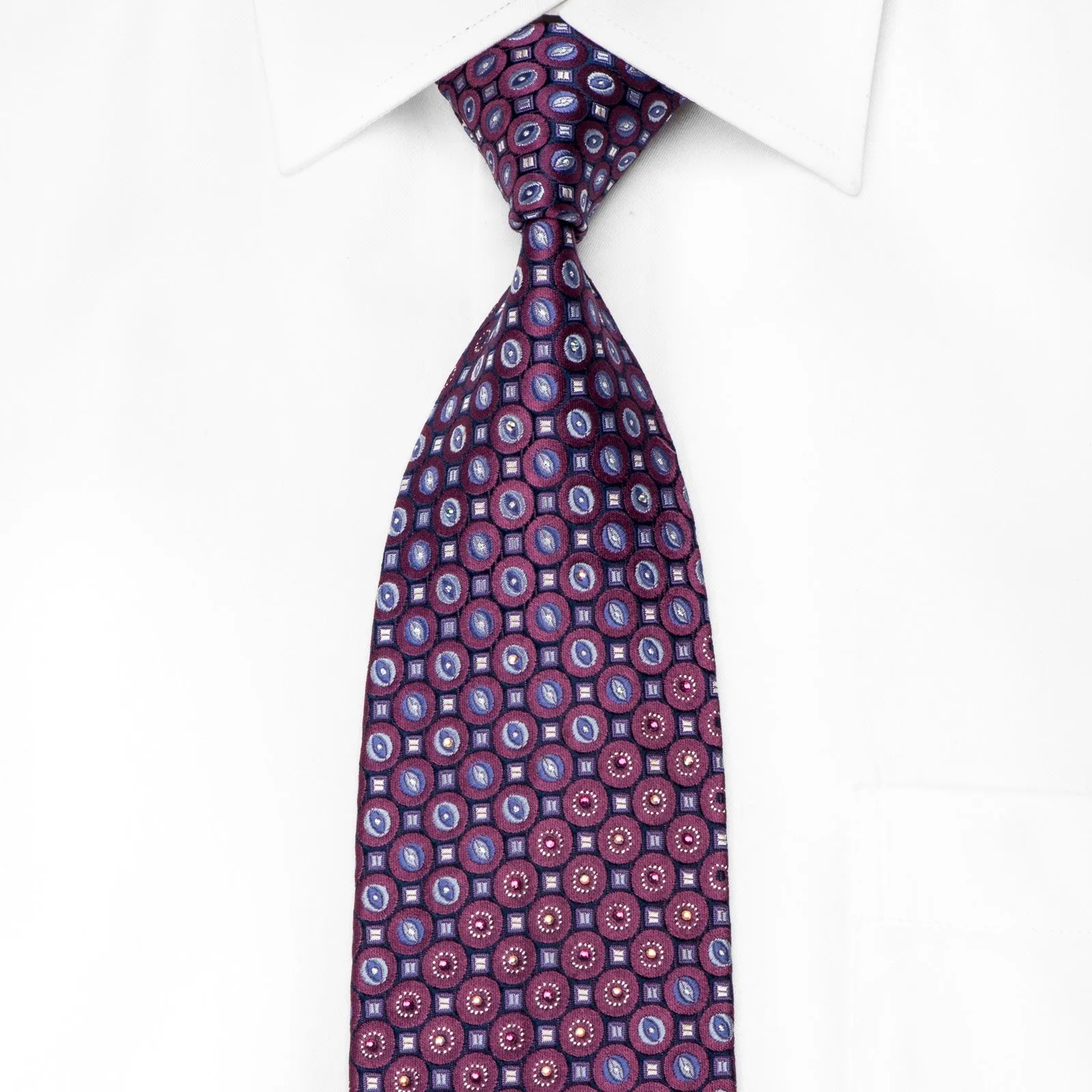 Daks Men's Crystal Silk Tie Geometric Circles On Purple With Silver Sparkles