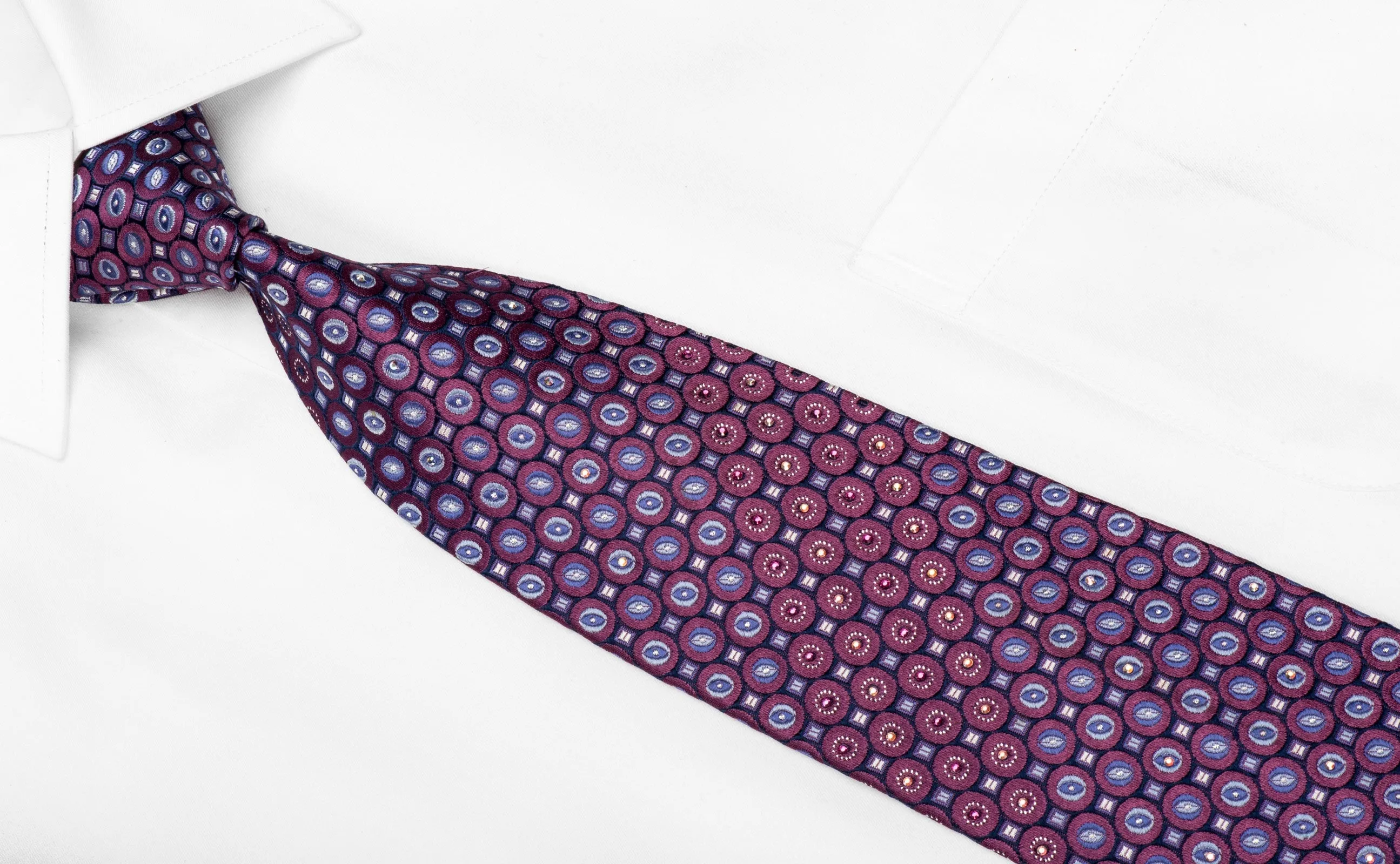 Daks Men's Crystal Silk Tie Geometric Circles On Purple With Silver Sparkles