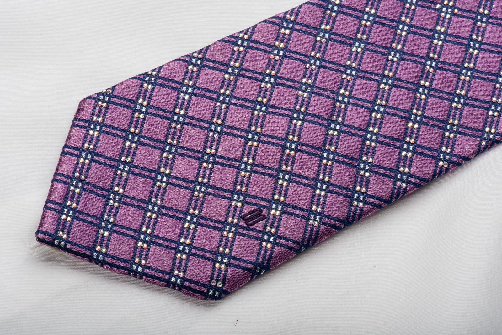 Daks Rhinestone Silk Necktie Blue Mauve Checkered With Silver Sparkles